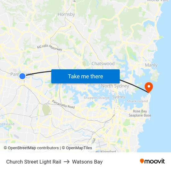Church Street Light Rail to Watsons Bay map