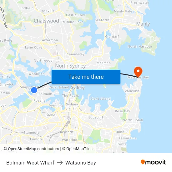 Balmain West Wharf to Watsons Bay map
