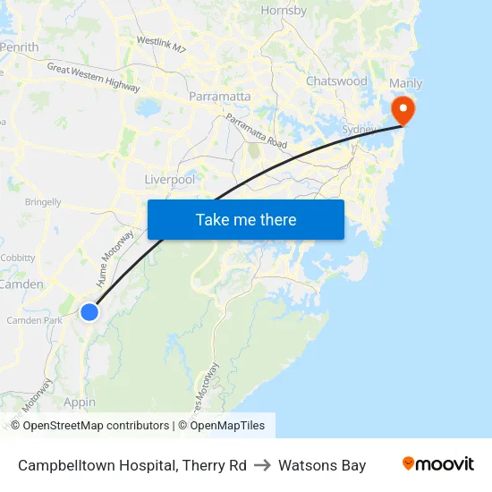 Campbelltown Hospital, Therry Rd to Watsons Bay map