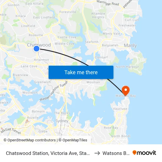 Chatswood Station, Victoria Ave, Stand E to Watsons Bay map