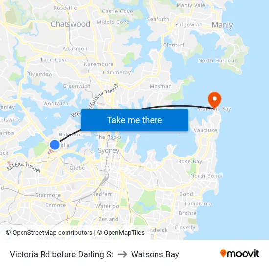 Victoria Rd before Darling St to Watsons Bay map