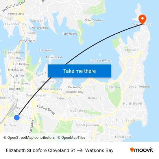 Elizabeth St before Cleveland St to Watsons Bay map