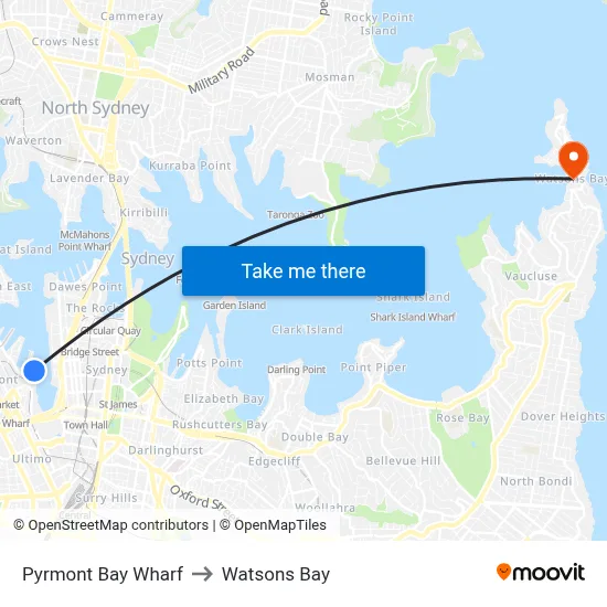 Pyrmont Bay Wharf to Watsons Bay map