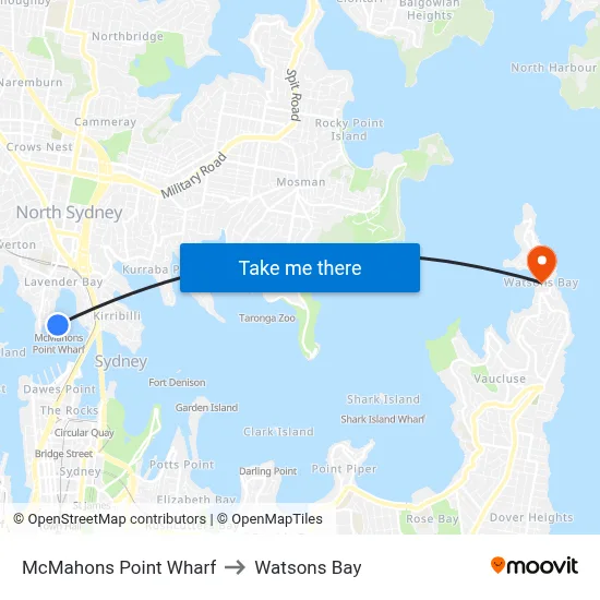 McMahons Point Wharf to Watsons Bay map