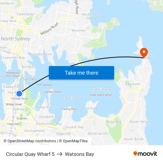 Circular Quay Wharf 5 to Watsons Bay map