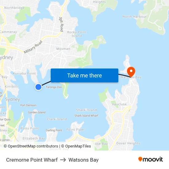 Cremorne Point Wharf to Watsons Bay map