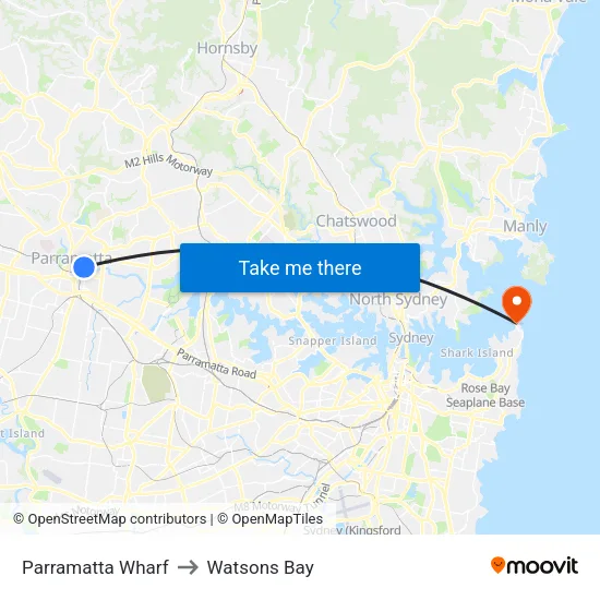 Parramatta Wharf to Watsons Bay map