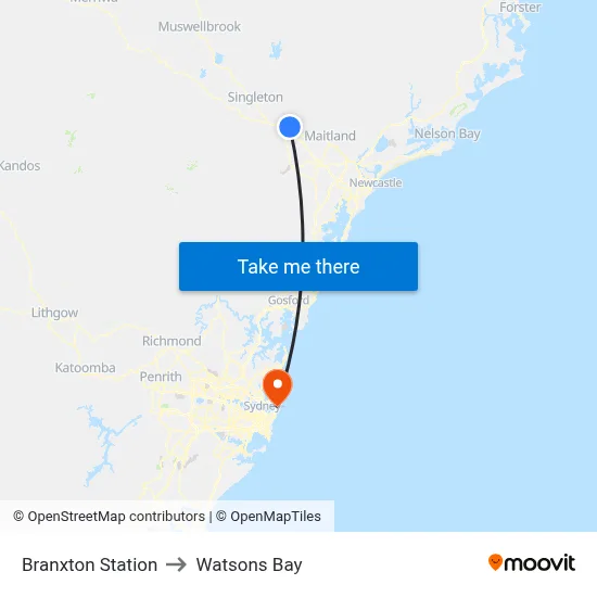 Branxton Station to Watsons Bay map