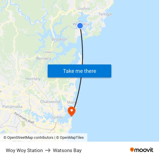 Woy Woy Station to Watsons Bay map