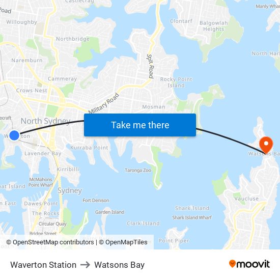 Waverton Station to Watsons Bay map