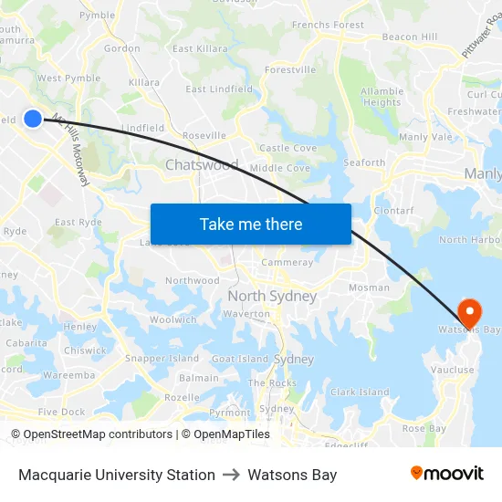 Macquarie University Station to Watsons Bay map