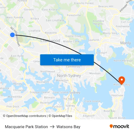 Macquarie Park Station to Watsons Bay map