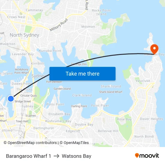 Barangaroo Wharf 1 to Watsons Bay map