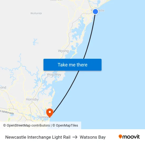 Newcastle Interchange Light Rail to Watsons Bay map