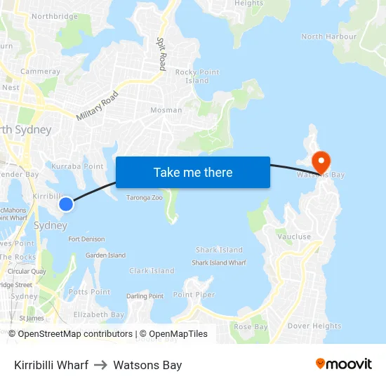 Kirribilli Wharf to Watsons Bay map