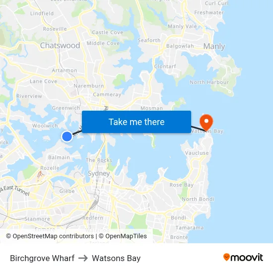 Birchgrove Wharf to Watsons Bay map
