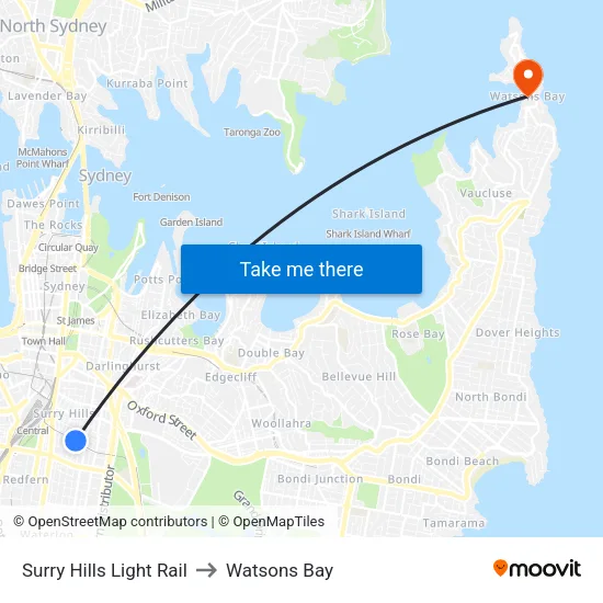 Surry Hills Light Rail to Watsons Bay map