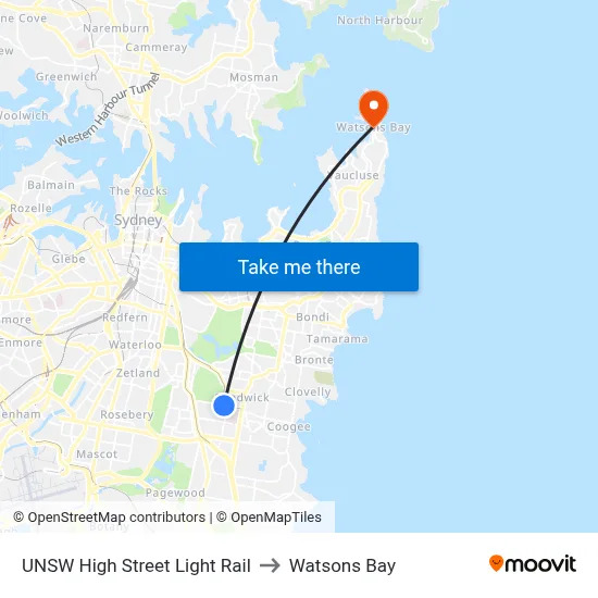 UNSW High Street Light Rail to Watsons Bay map