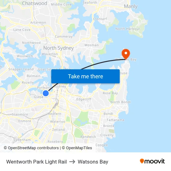 Wentworth Park Light Rail to Watsons Bay map
