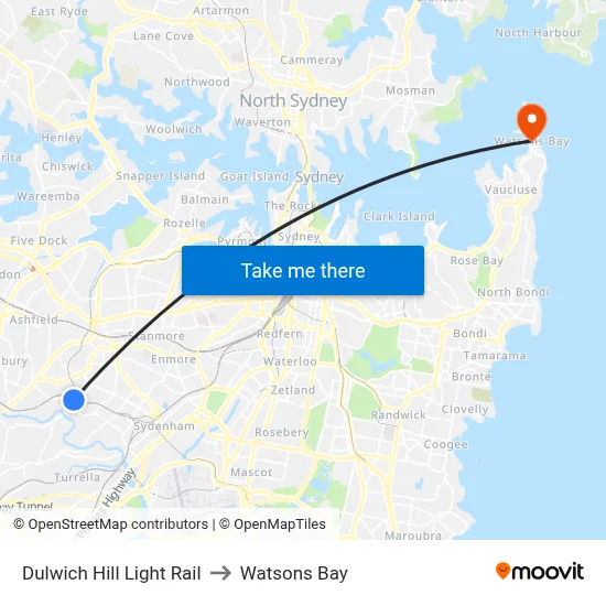 Dulwich Hill Light Rail to Watsons Bay map