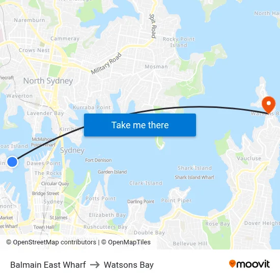 Balmain East Wharf to Watsons Bay map