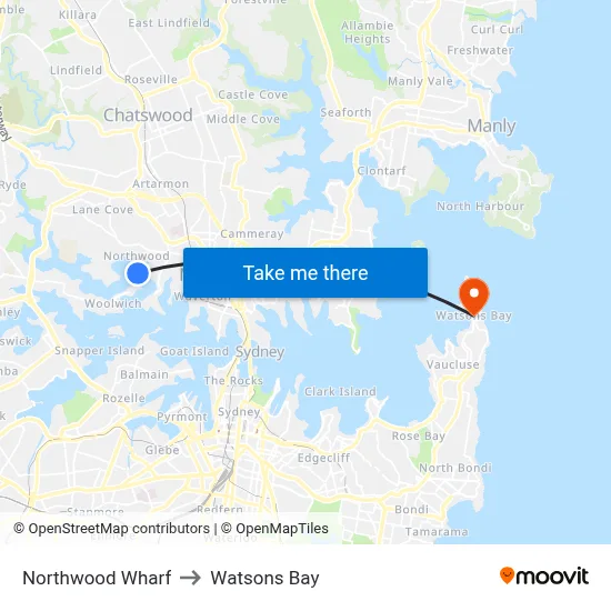 Northwood Wharf to Watsons Bay map