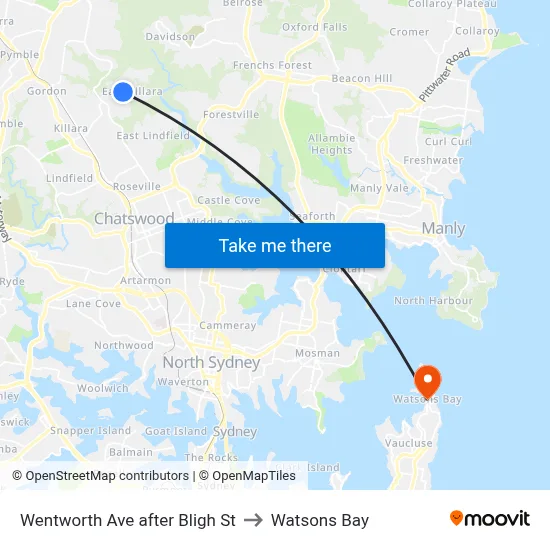 Wentworth Ave after Bligh St to Watsons Bay map