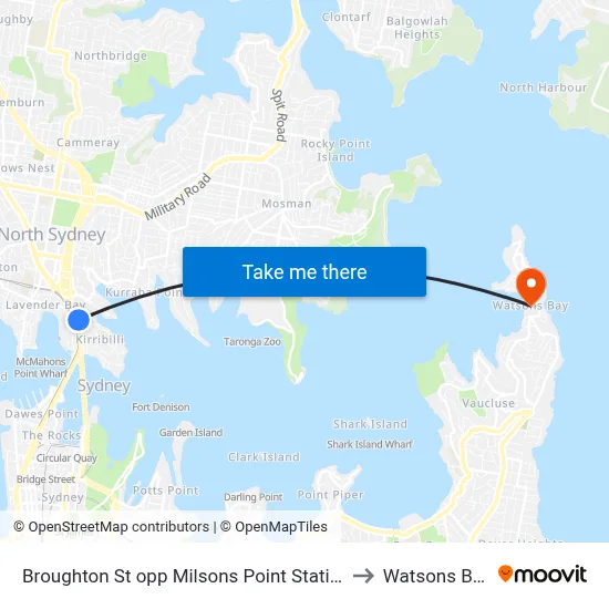 Broughton St opp Milsons Point Station to Watsons Bay map