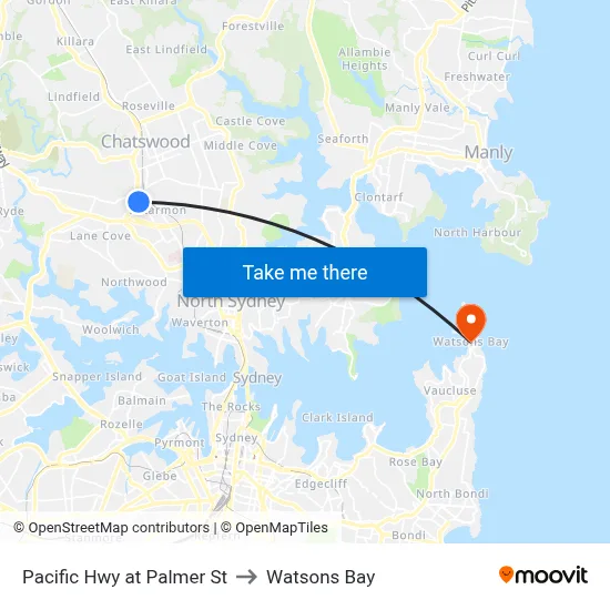 Pacific Hwy at Palmer St to Watsons Bay map