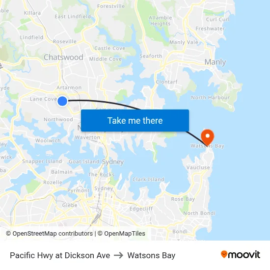 Pacific Hwy at Dickson Ave to Watsons Bay map
