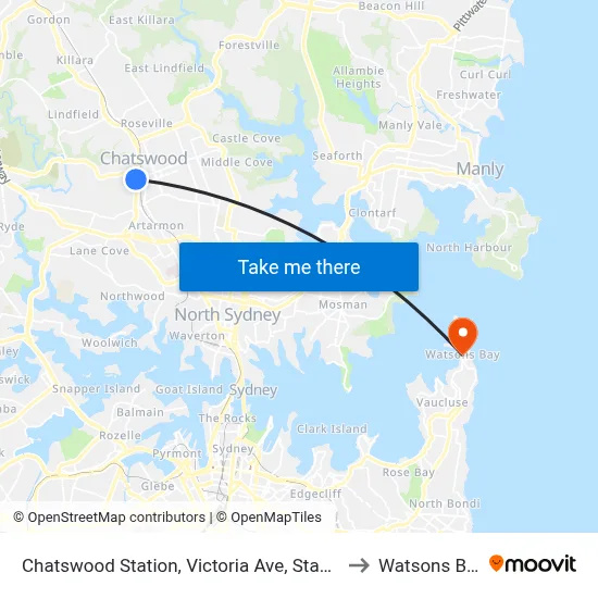 Chatswood Station, Victoria Ave, Stand F to Watsons Bay map