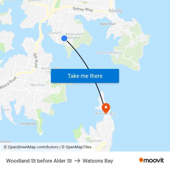 Woodland St before Alder St to Watsons Bay map