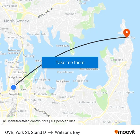 QVB, York St, Stand D to Watsons Bay map
