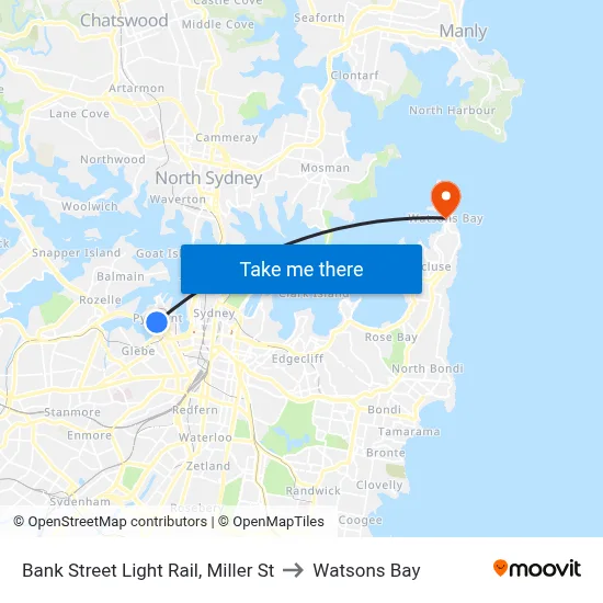 Bank Street Light Rail, Miller St to Watsons Bay map