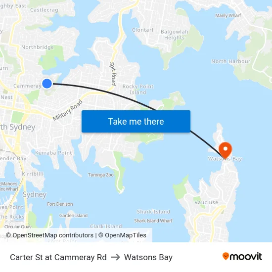Carter St at Cammeray Rd to Watsons Bay map