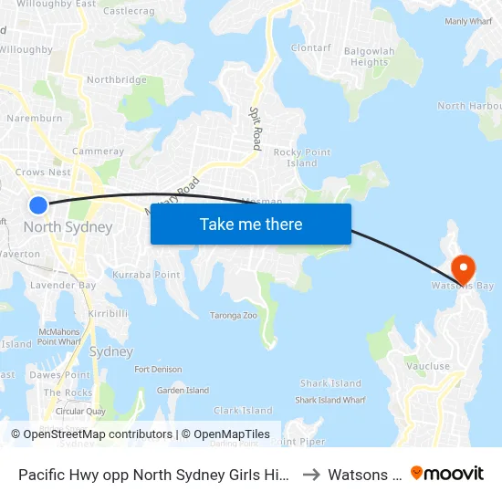 Pacific Hwy opp North Sydney Girls High School to Watsons Bay map