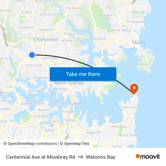 Centennial Ave at Mowbray Rd to Watsons Bay map