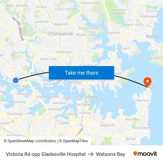 Victoria Rd opp Gladesville Hospital to Watsons Bay map