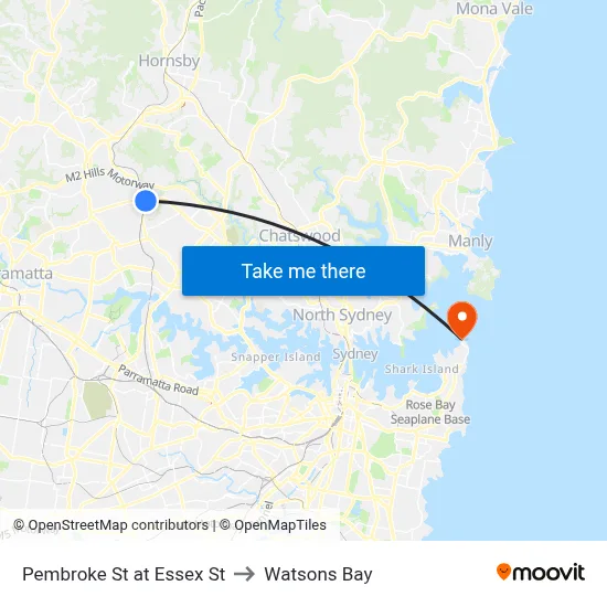 Pembroke St at Essex St to Watsons Bay map