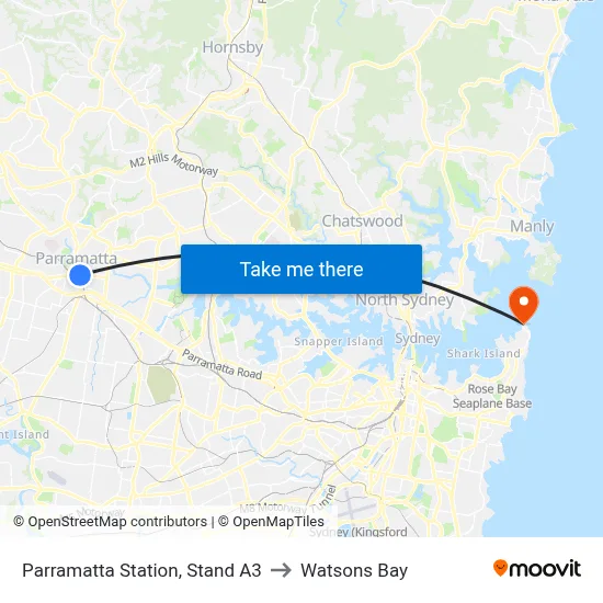 Parramatta Station, Stand A3 to Watsons Bay map