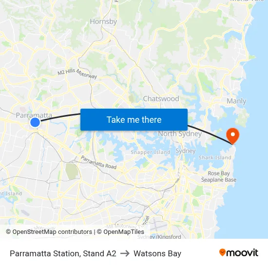 Parramatta Station, Stand A2 to Watsons Bay map