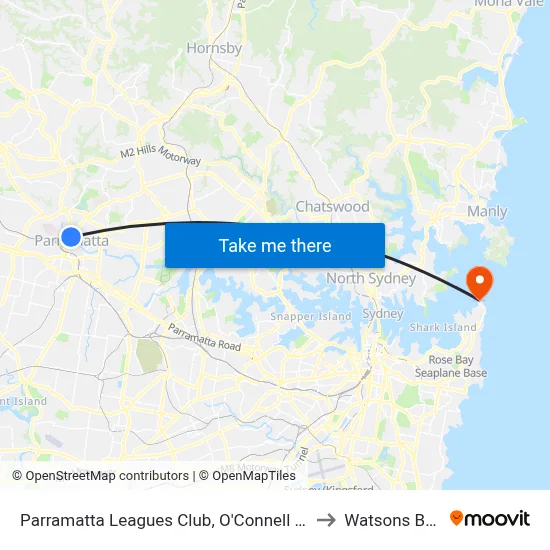 Parramatta Leagues Club, O'Connell St to Watsons Bay map