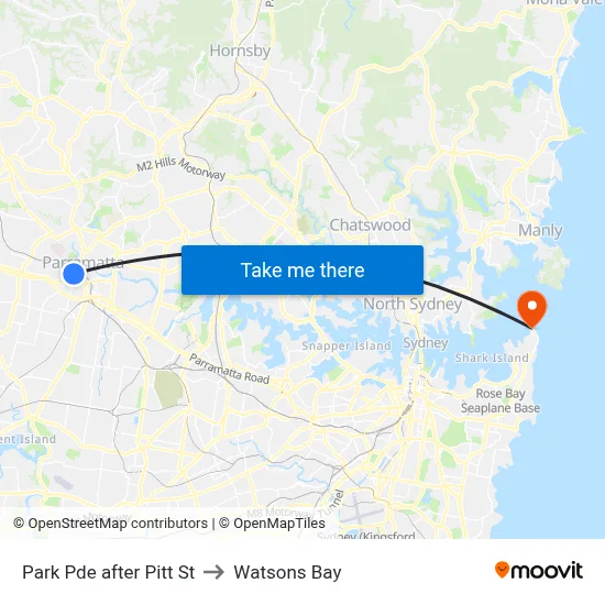 Park Pde after Pitt St to Watsons Bay map