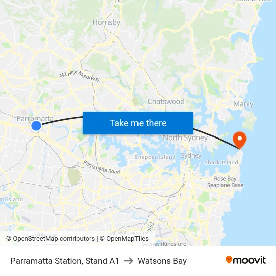Parramatta Station, Stand A1 to Watsons Bay map