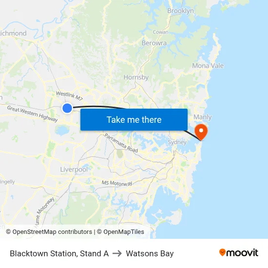 Blacktown Station, Stand A to Watsons Bay map