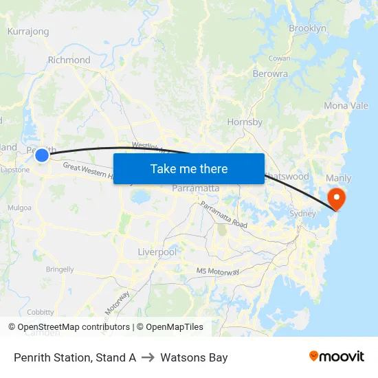 Penrith Station, Stand A to Watsons Bay map