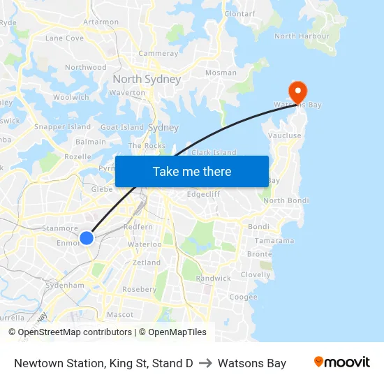 Newtown Station, King St, Stand D to Watsons Bay map
