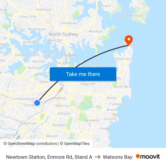 Newtown Station, Enmore Rd, Stand A to Watsons Bay map