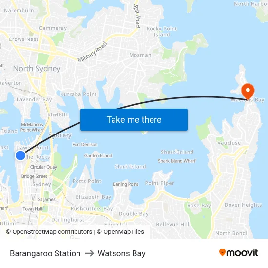 Barangaroo Station to Watsons Bay map