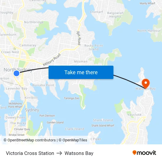 Victoria Cross Station to Watsons Bay map